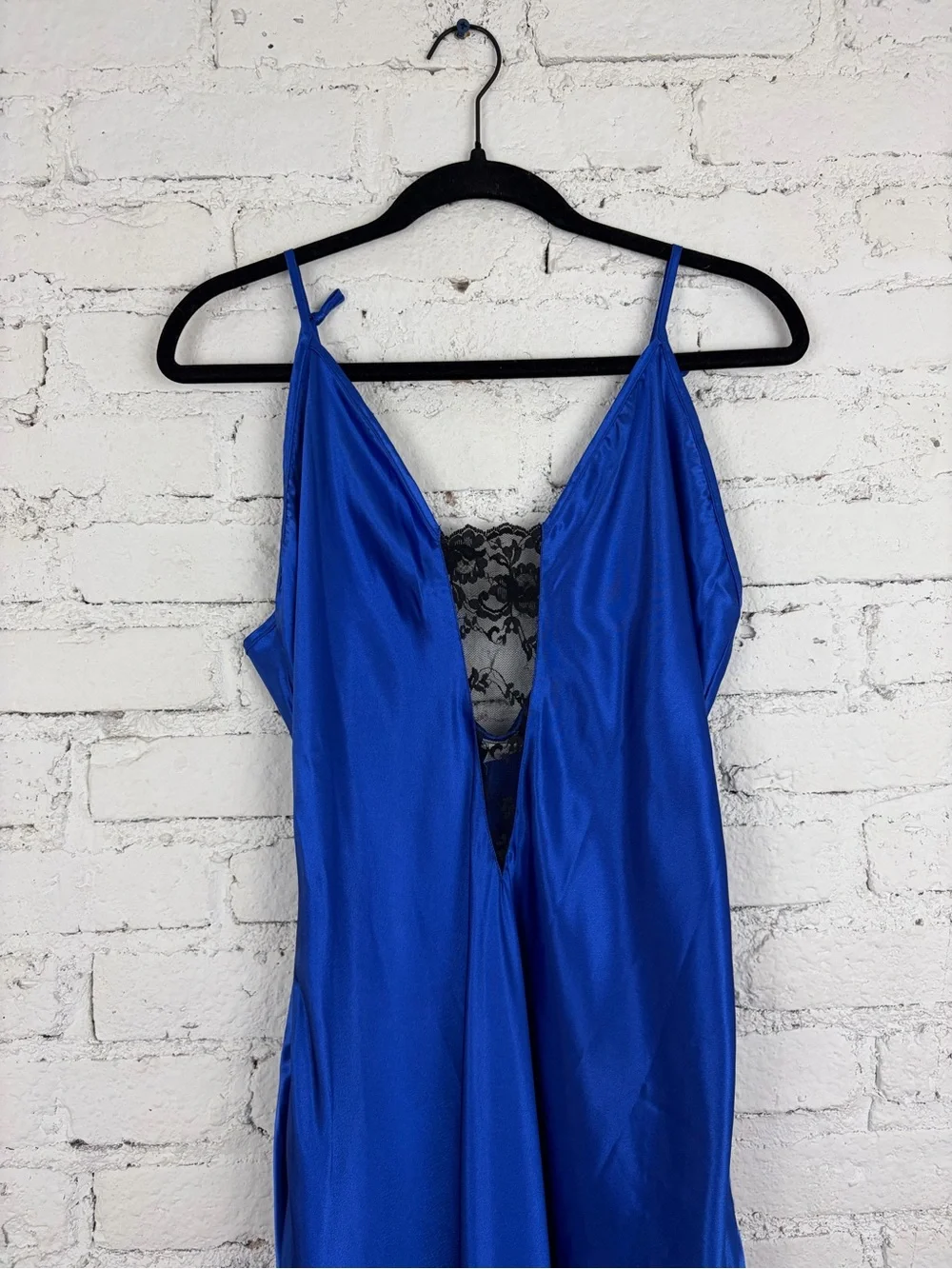 Delicates VTG Royal Blue Satin Black Lace Midi Slip Lingerie Nightie Dress Large - Picture 7 of 10